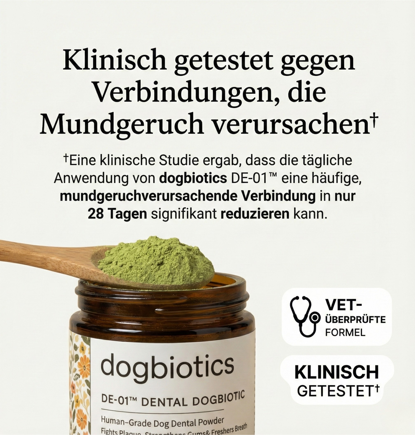 Frischer Atem, gesundes Zahnfleisch und saubere Zähne dank DE-01™ Dental Dogbiotics