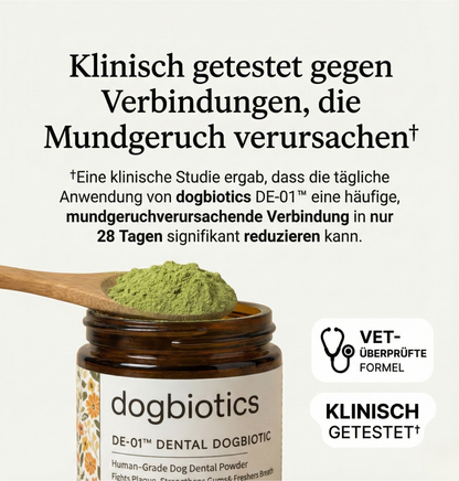 Frischer Atem, gesundes Zahnfleisch und saubere Zähne dank DE-01™ Dental Dogbiotics