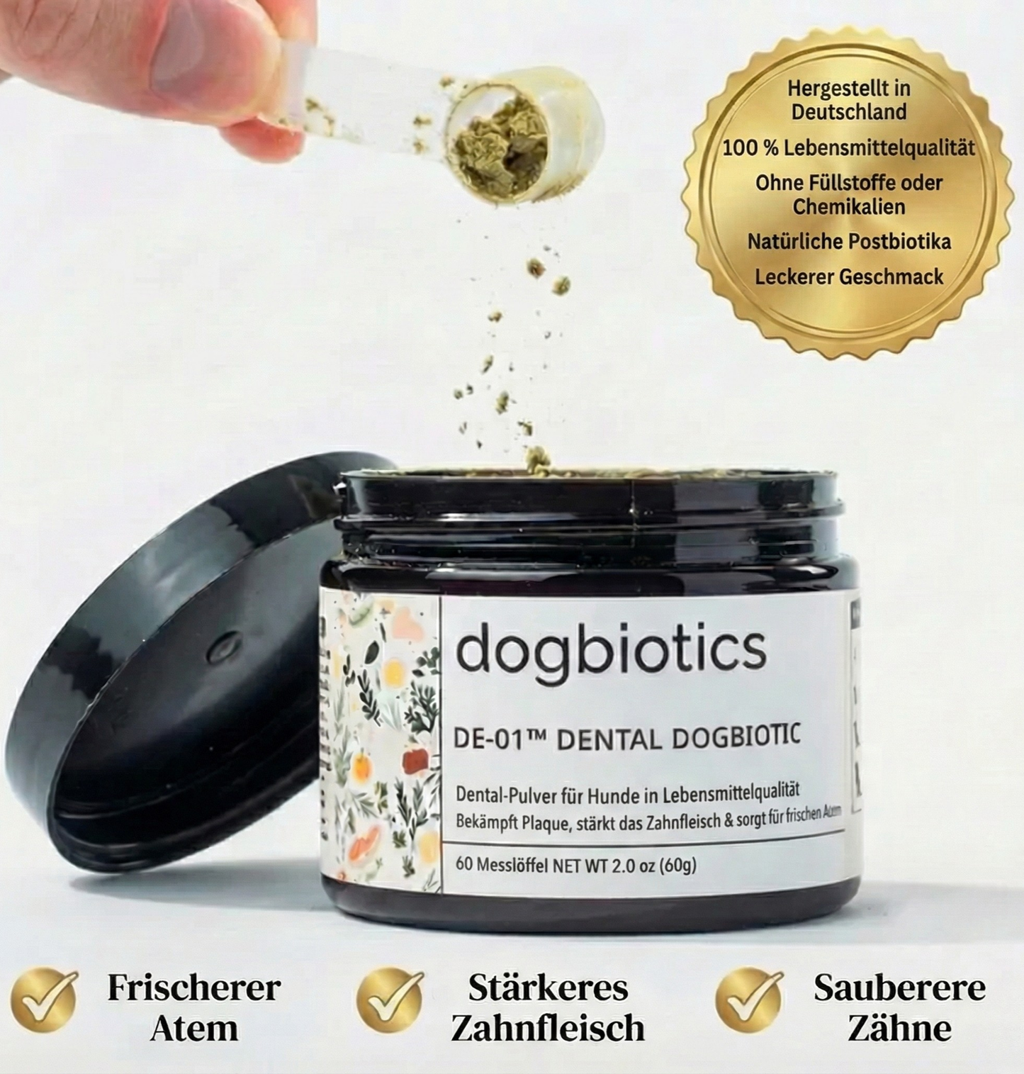 Frischer Atem, gesundes Zahnfleisch und saubere Zähne dank DE-01™ Dental Dogbiotics