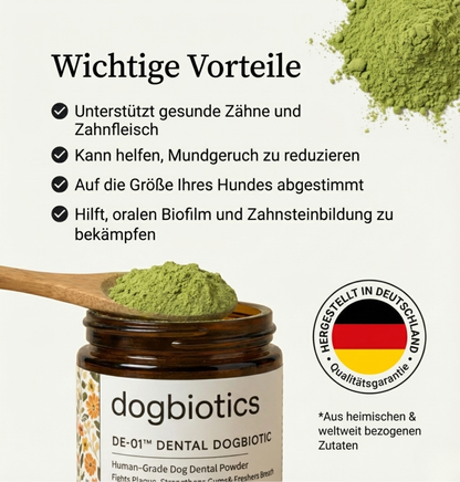 Frischer Atem, gesundes Zahnfleisch und saubere Zähne dank DE-01™ Dental Dogbiotics